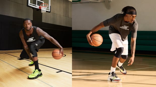 Julius Randle and Terance Mann model Skechers sneakers on a basketball court.